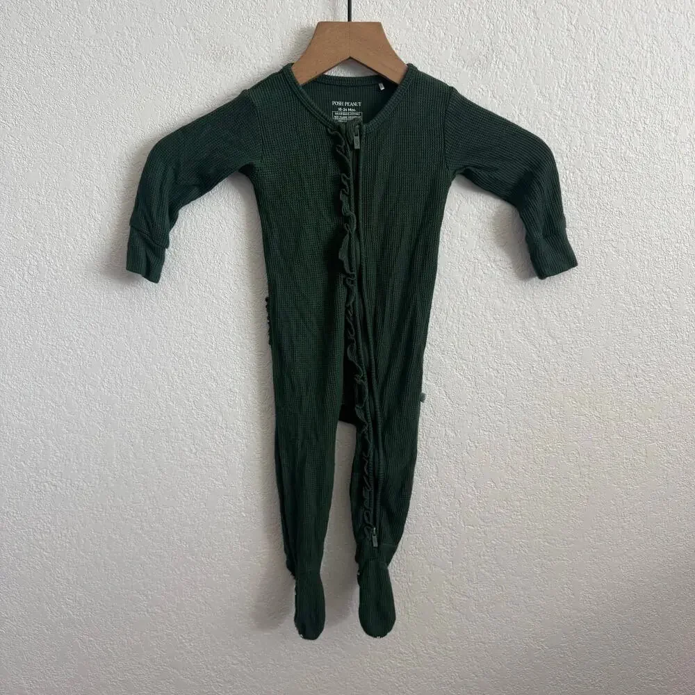 Posh Peanut Footie Ruffled Waffle Zippered One Piece Hunter Green 18-24 Months